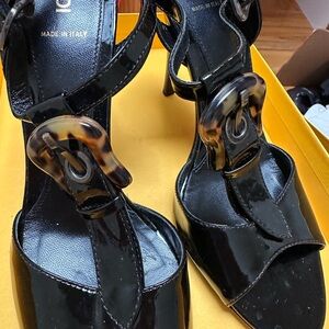 Fendi Black Patent Leather Heeled Sandals with Tortoiseshell Buckle